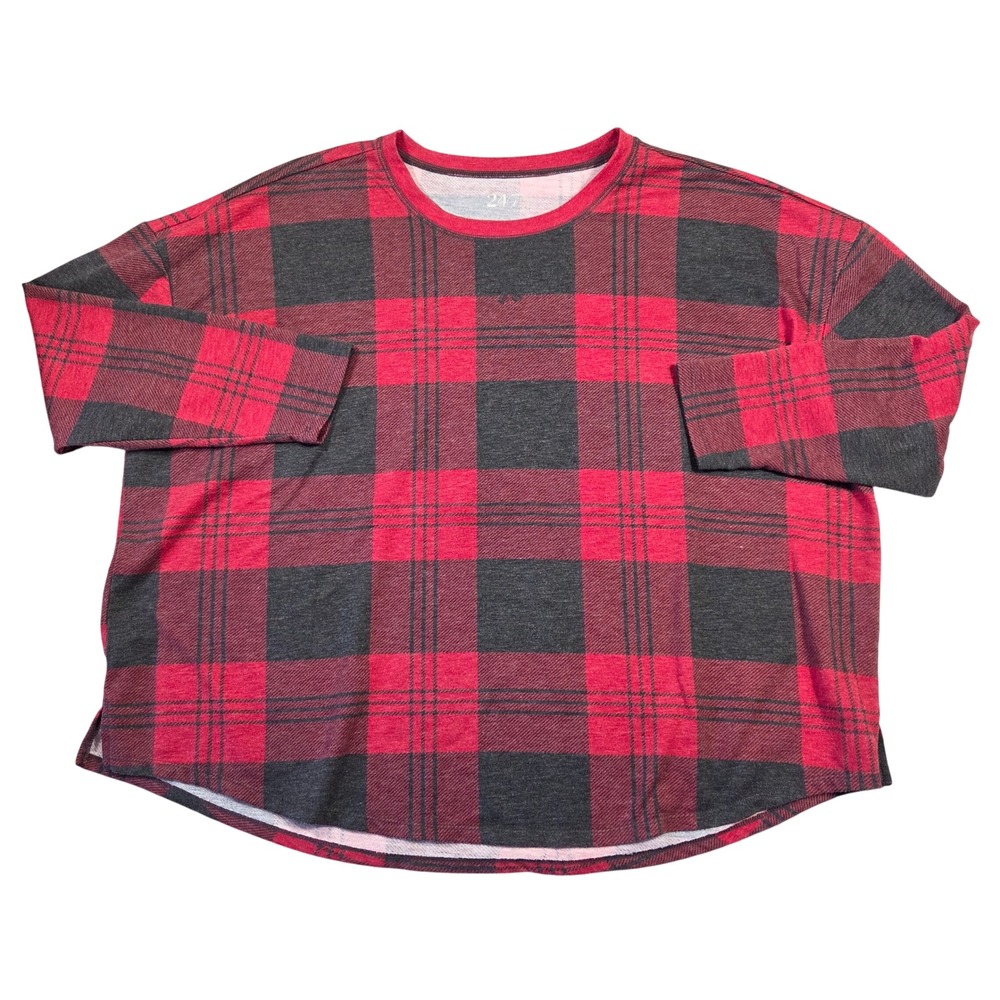 24/7‎ by Maurices Womens 2X Red Buffalo Plaid Pullover Top Lounge Holiday Cozy